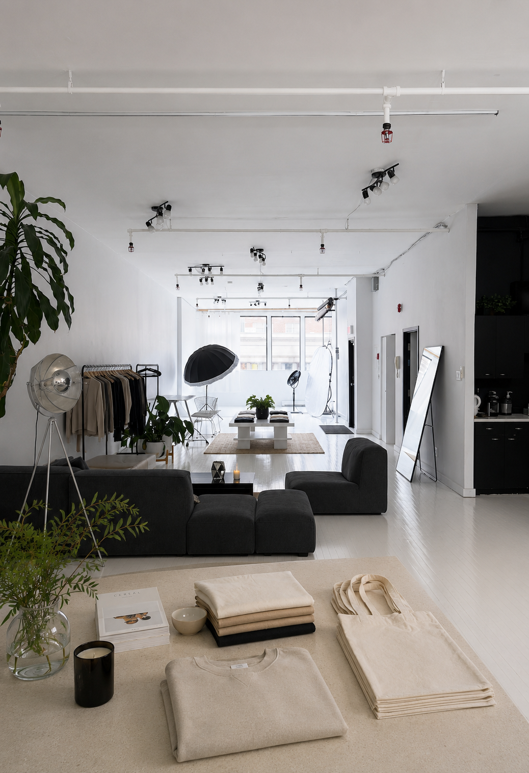 Modern living room with black sectional sofa, potted plants, photography equipment, clothing rack, and a large mirror, bright natural light, minimalist decor.