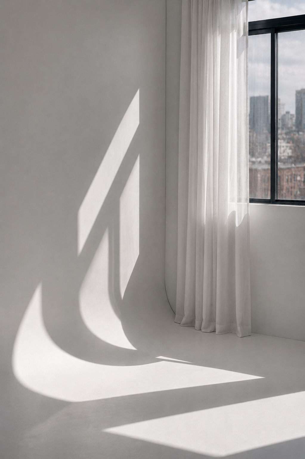 Sunlight coming through a window with sheer white curtains, casting geometric shadows on a plain white wall in a minimalist room.