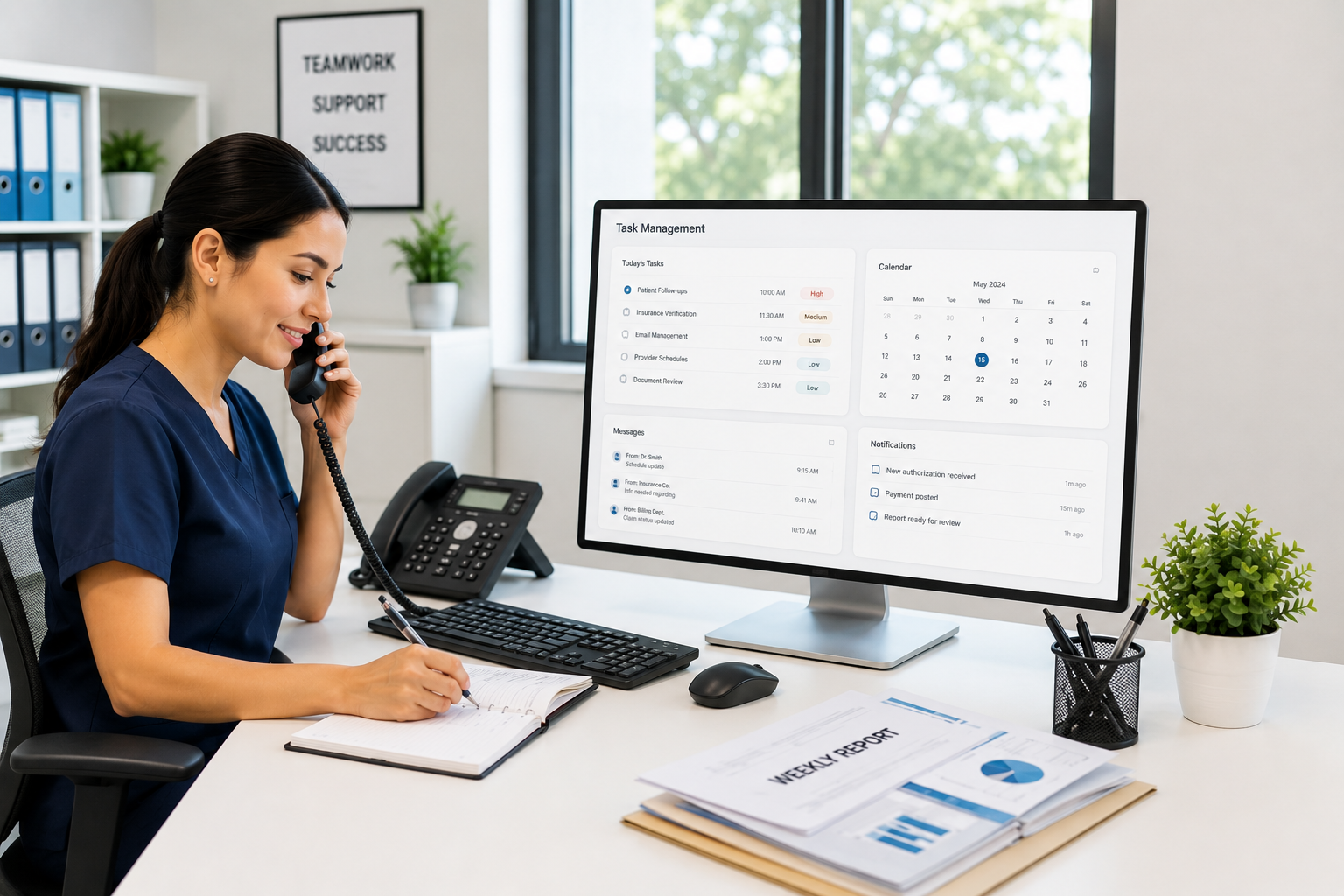 A woman in medical scrubs talking on a landline phone while taking notes at a desk, with a computer monitor displaying task management, calendar, messages, and notifications, in a bright office environment.
