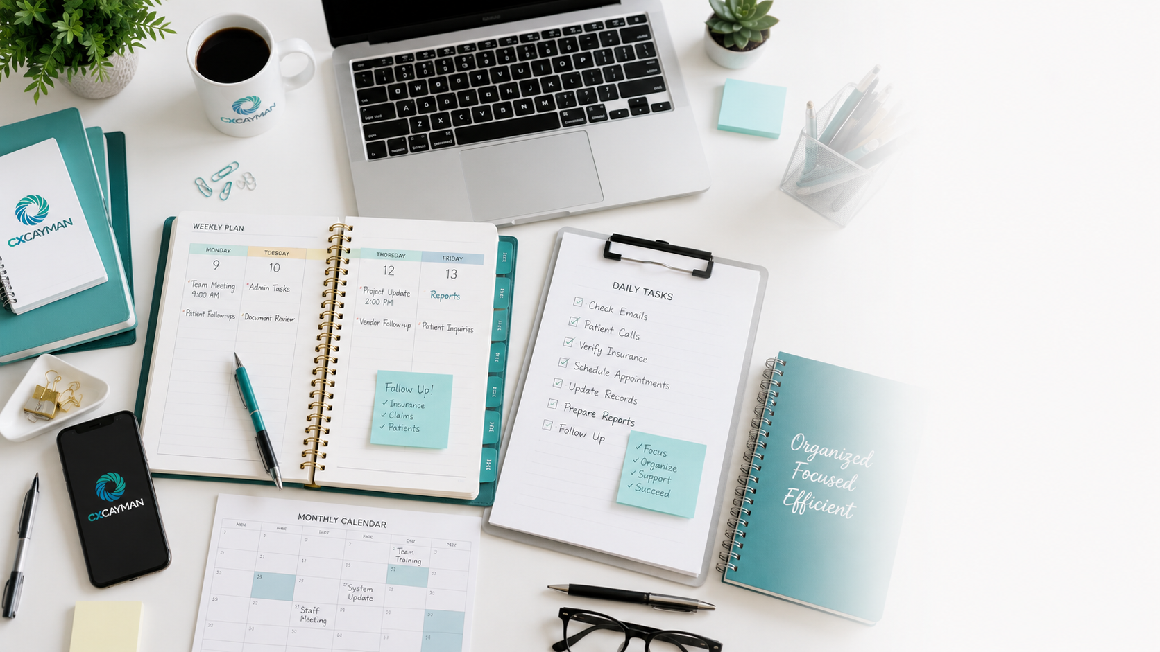 Organized workspace with a laptop, coffee mug, notebooks, weekly planner, monthly calendar, clipboard with daily tasks, sticky notes, pens, glasses, plants, and a smartphone displaying the CX Cayman logo.