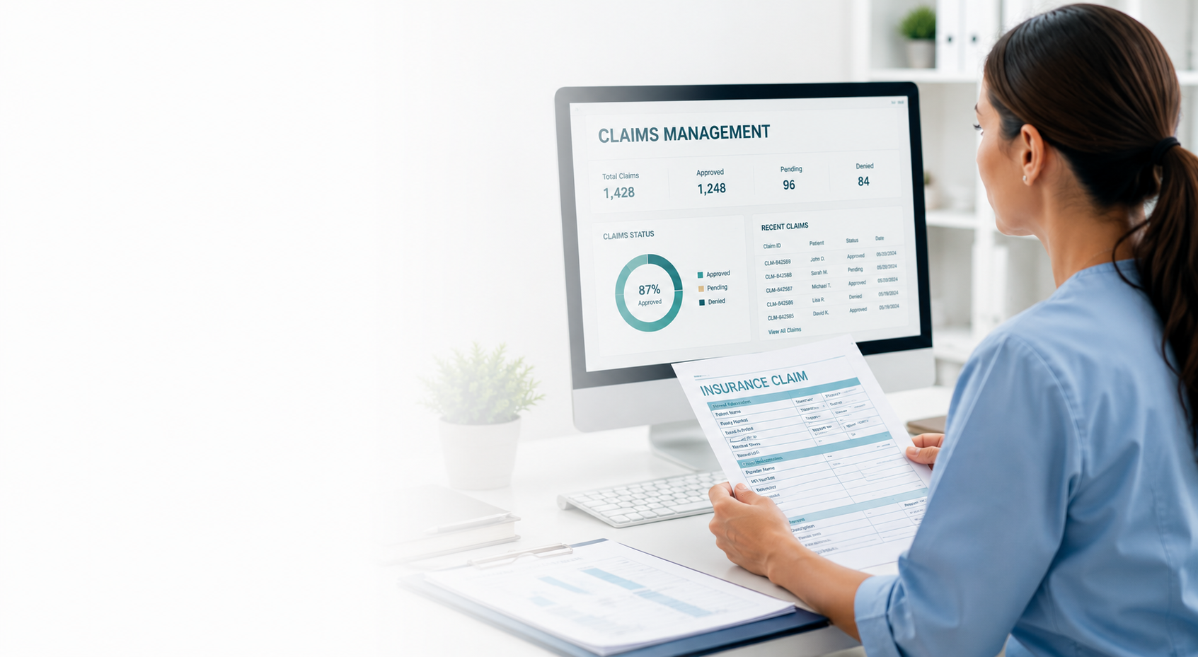 A woman in a blue shirt sitting at a desk, reviewing insurance claim documents while looking at a computer screen displaying claims management statistics.