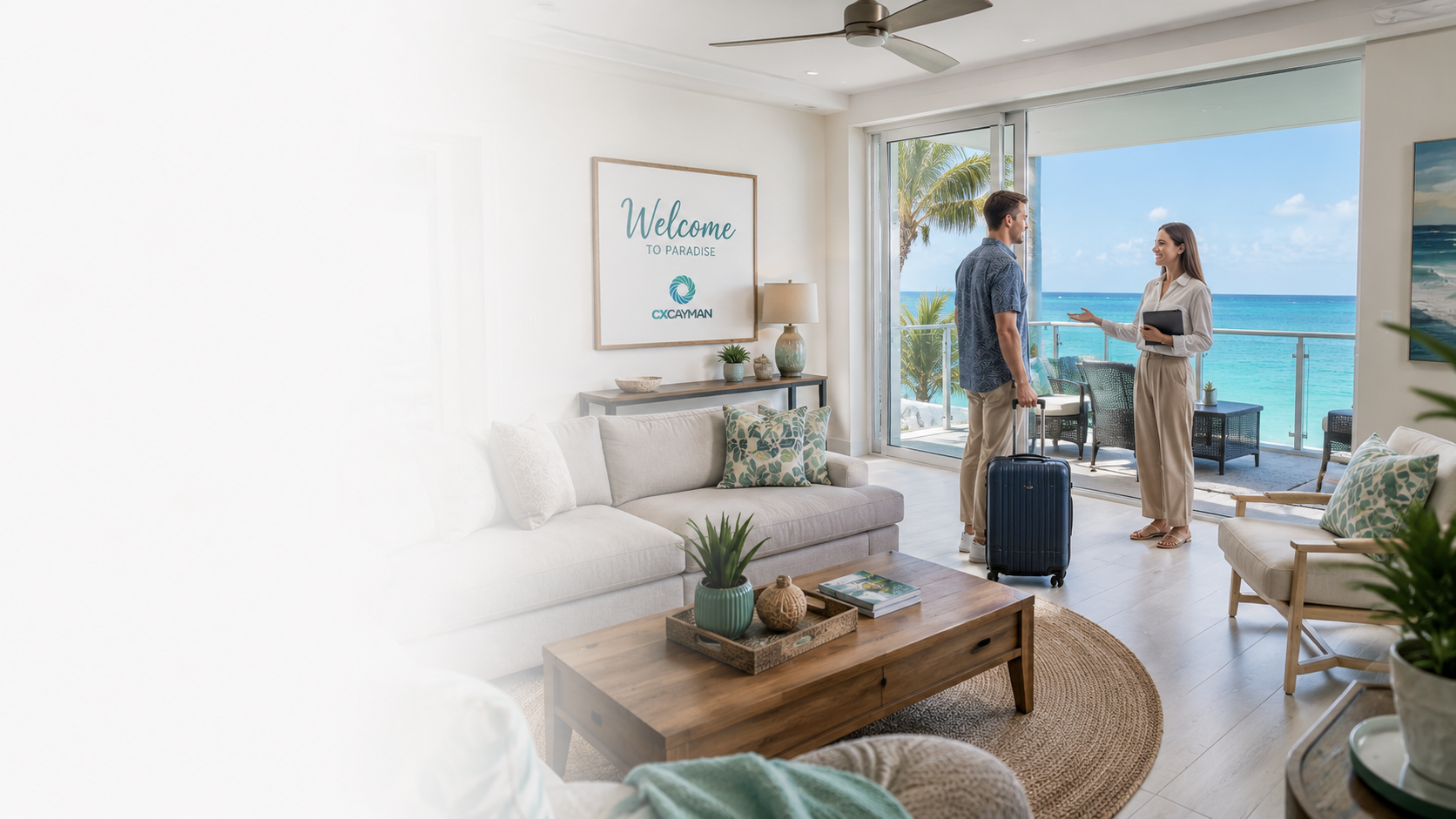 A woman and a man with luggage talk inside a bright, modern living room with ocean view. The room has a sofa, armchair, coffee table, and balcony with outdoor furniture. There is a sign on the wall that reads 'Welcome to Paradise, CX CAYMAN'.