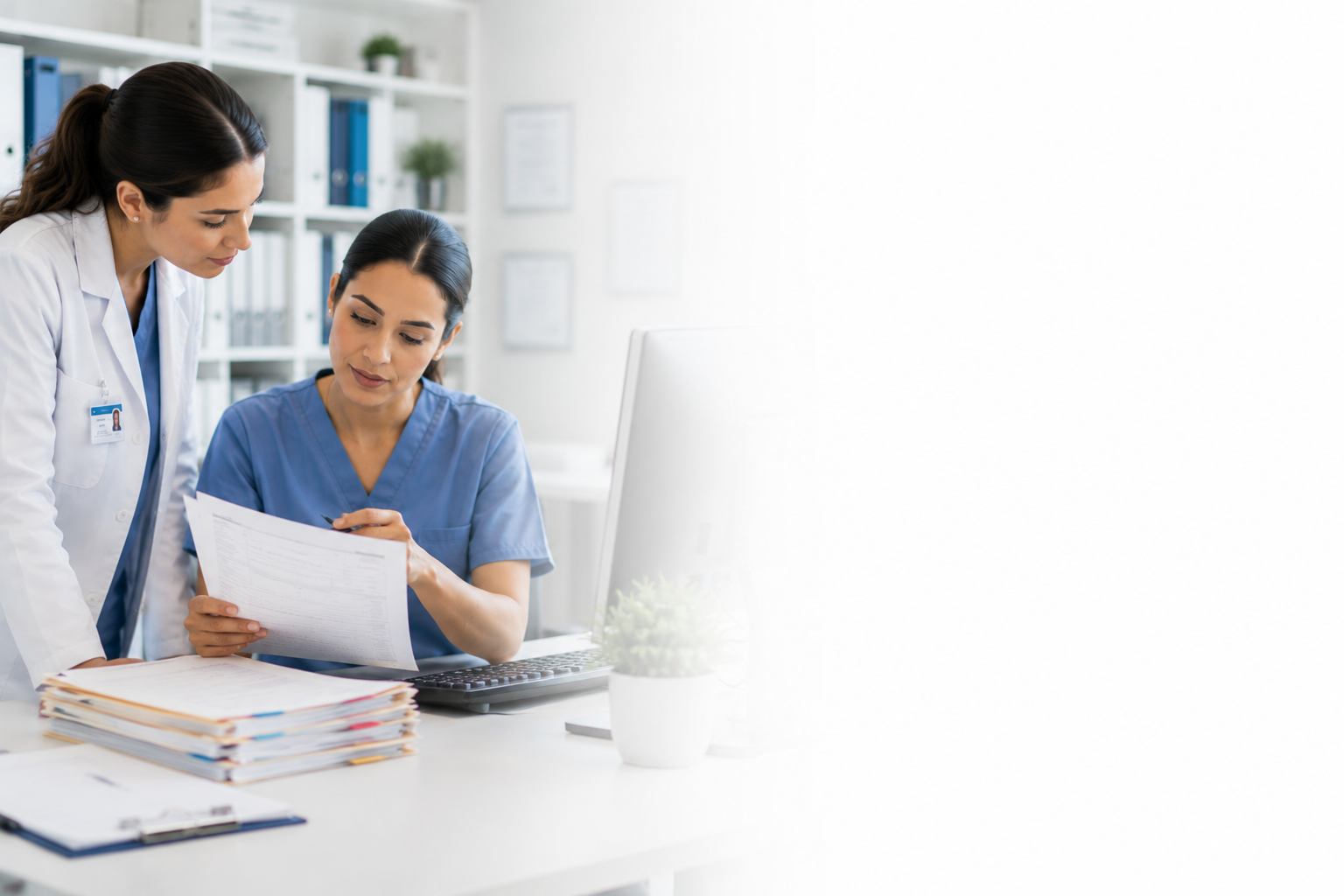 Two healthcare professionals, a nurse and a doctor, reviewing documents together in a hospital or clinic office.