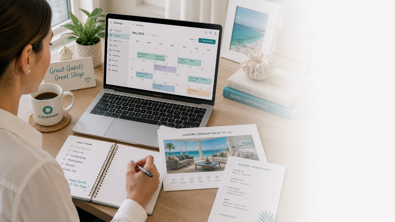 Woman working at a desk organizing travel plans with a laptop displaying a calendar, guest information, and a brochure of a luxury ocean view villa.
