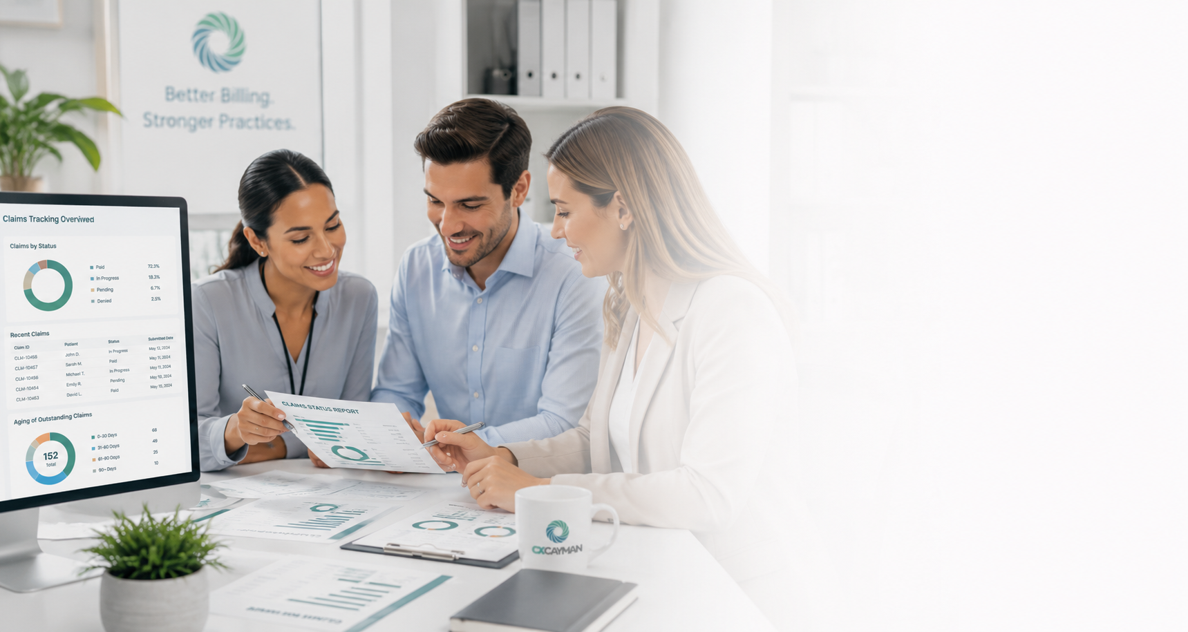 Three professionals reviewing documents at a meeting table in a bright office with a computer screen displaying claims data and charts.