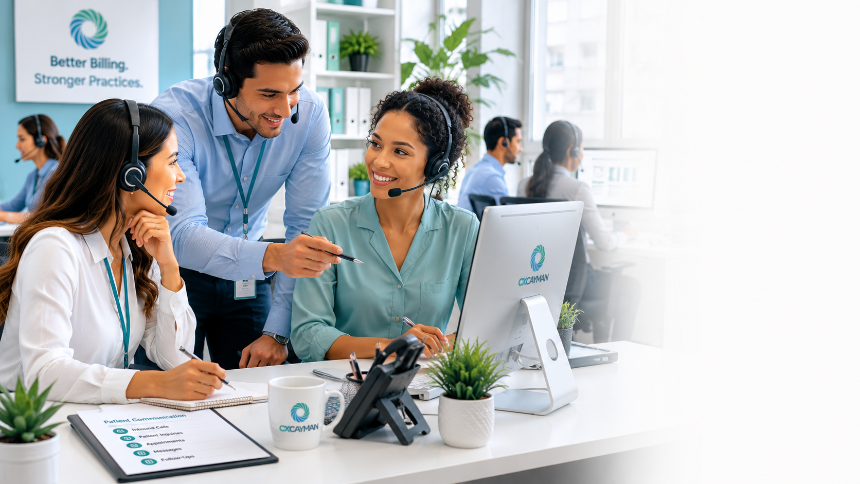 Office workers at a call center with headsets, working at desks with computers and documents, engaging in a discussion.
