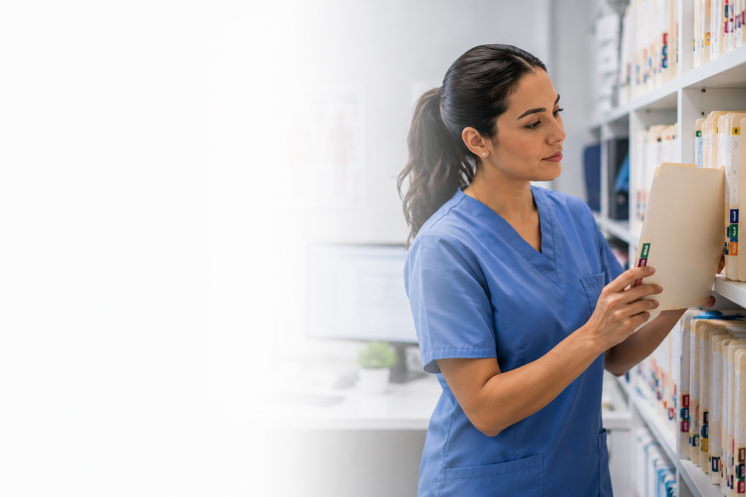 A woman in blue medical scrubs holding a file and reading in a library or medical office with shelves of files.