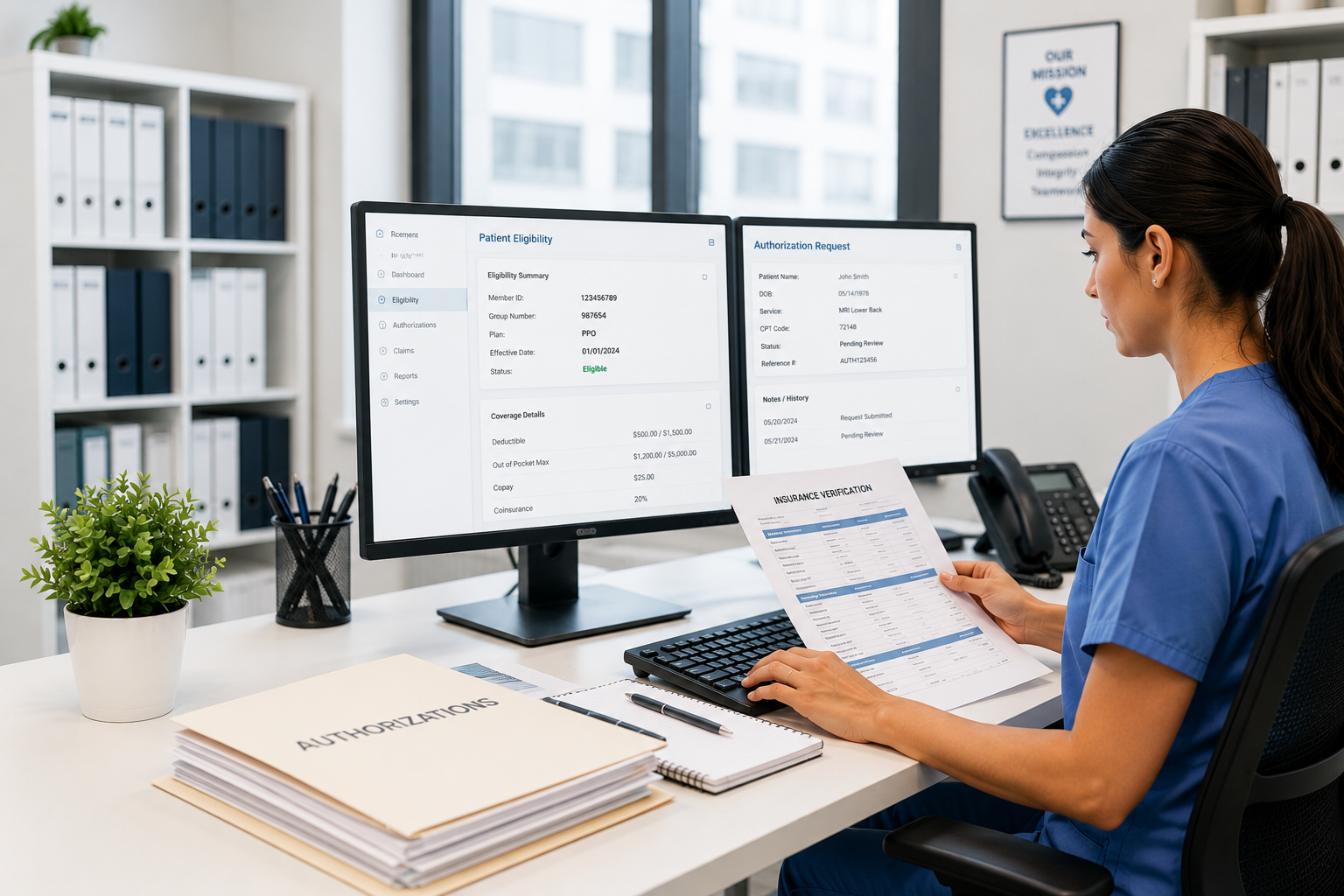 A nurse sitting at a desk, reviewing an insurance verification form with two computer monitors displaying patient eligibility and authorization request screens at a medical office.