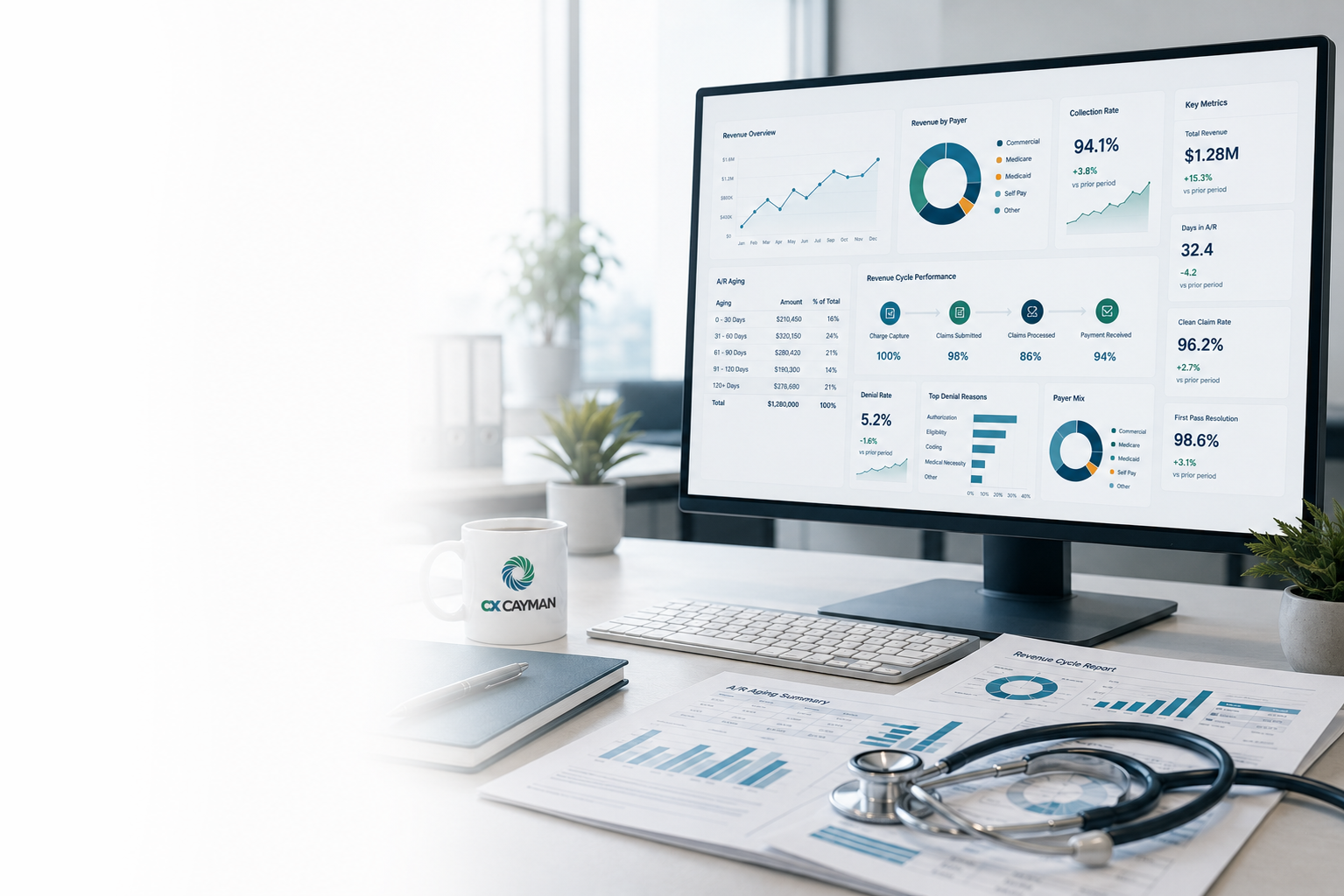 A desk with a computer monitor displaying various analytics and charts, a keyboard, a stethoscope, a notepad, a pen, some documents with graphs and charts, a cup with a logo, and two small plants in pots.