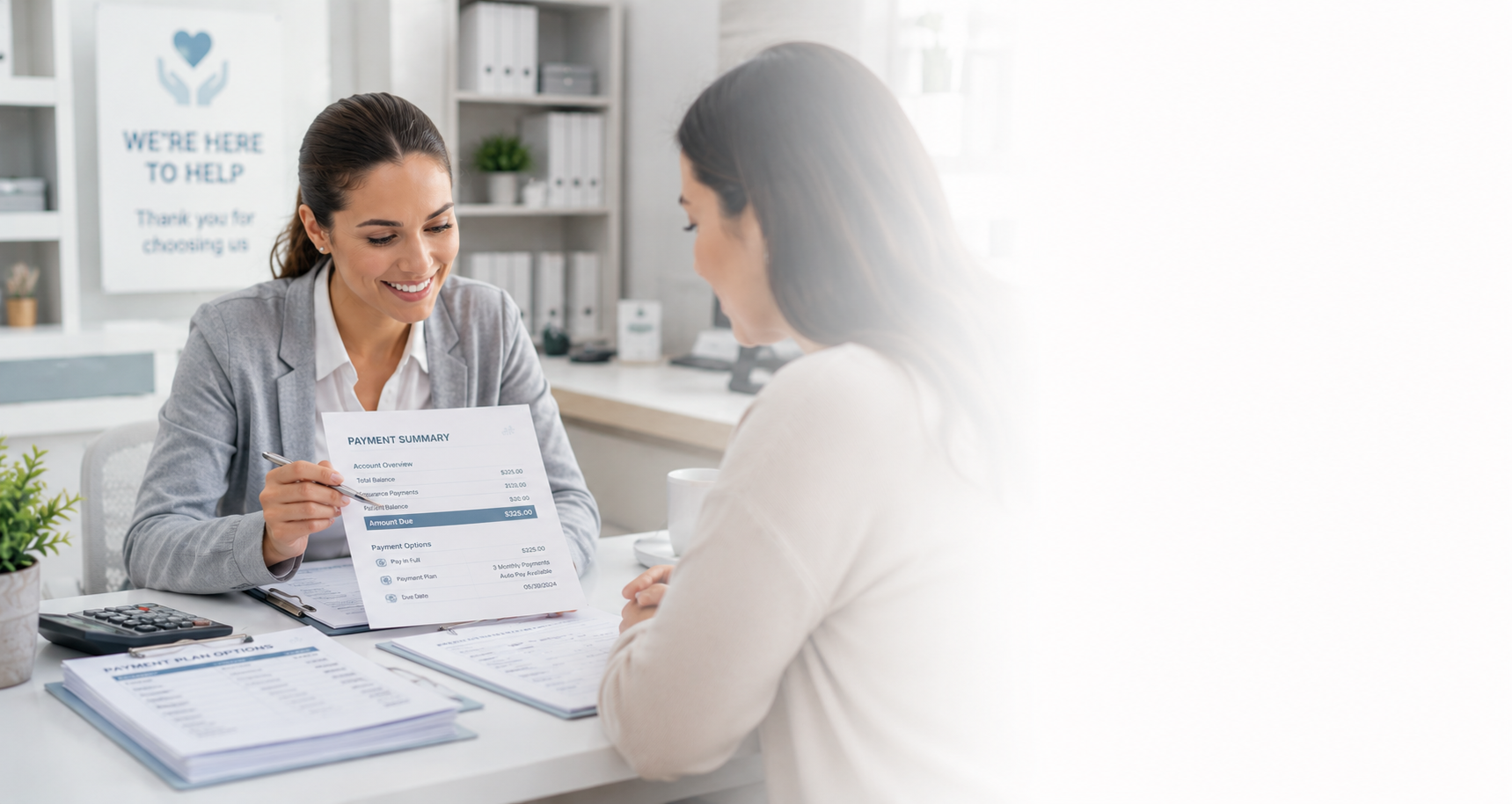 A woman in a gray blazer showing a payment summary to another woman in an office setting, with office supplies and a sign in the background that reads 'WE'RE HERE TO HELP'.