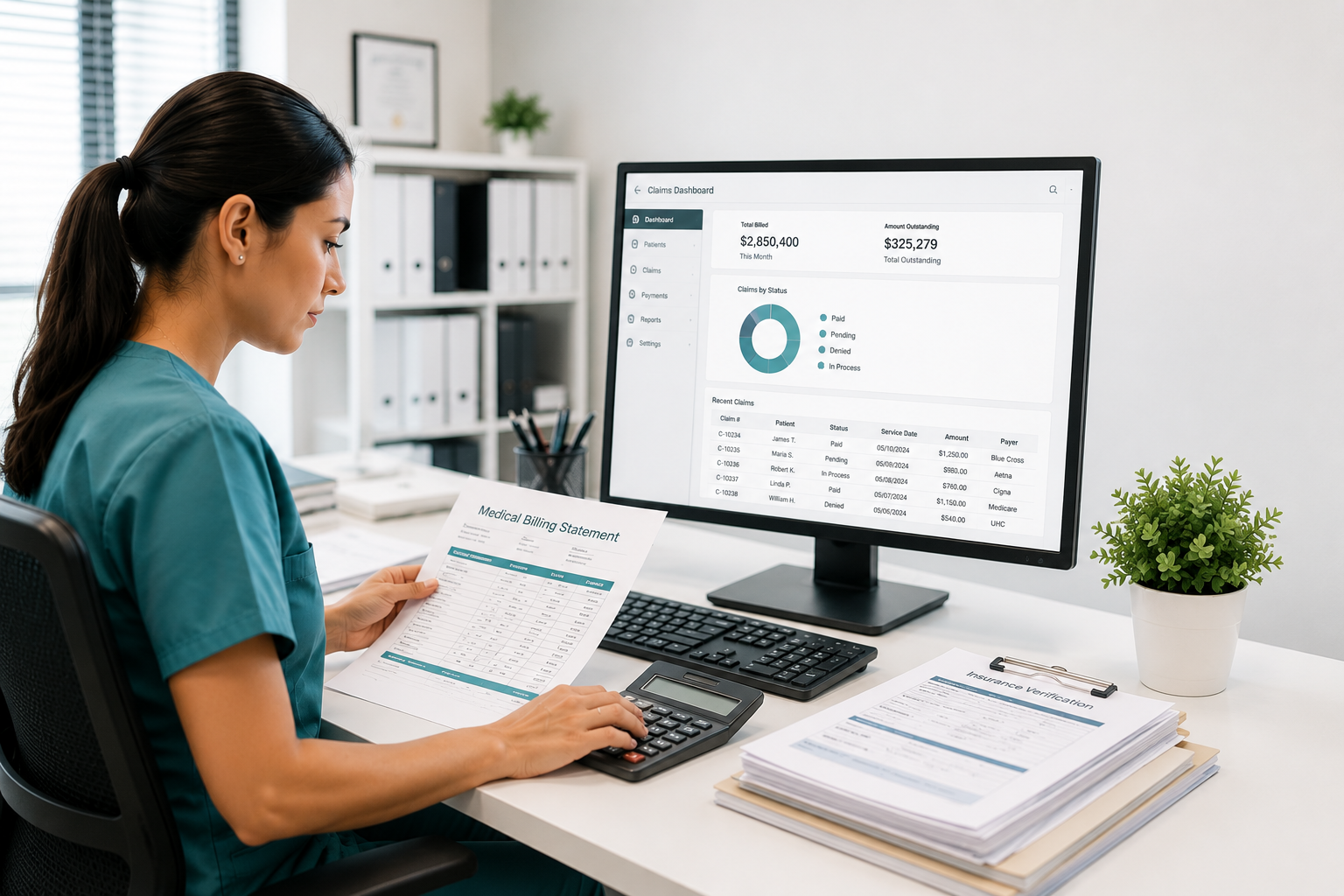 A woman in medical scrubs working at an office desk with a computer, reviewing a medical billing statement, with stacks of documents and a potted plant nearby.