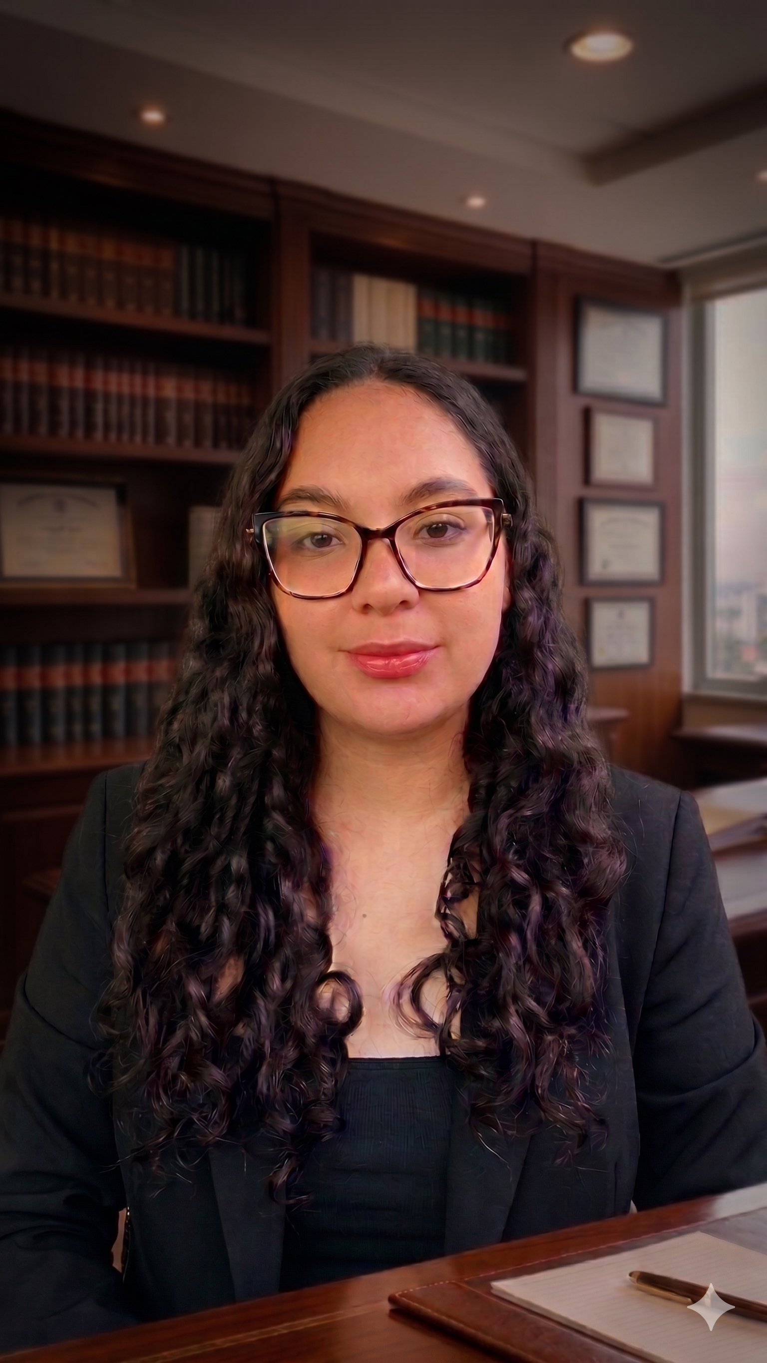 Mulher com cabelo cacheado e óculos, sentada em escritório com livros e diplomas na parede ao fundo.