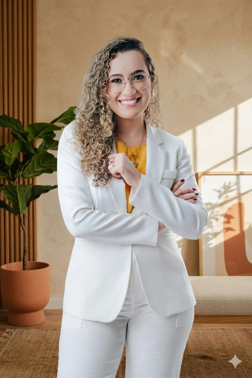 Mulher sorridente com óculos, cabelo cacheado, vestindo terno branco e blusa amarela, em ambiente bem iluminado com planta e decoração moderna.