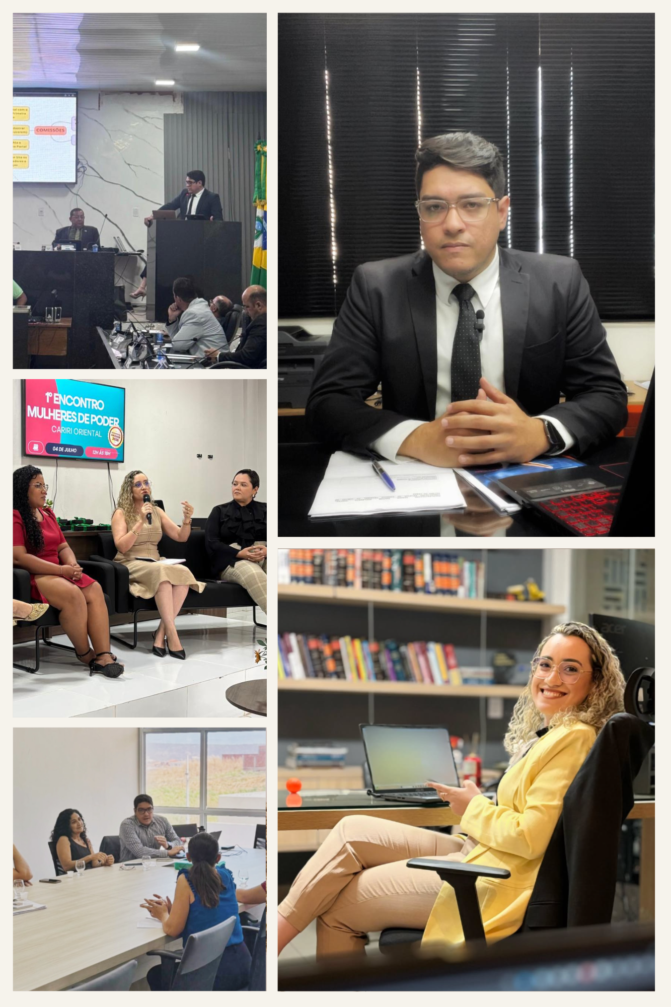 Coleção de fotos de diversos encontros e eventos, incluindo reuniões em salas de conferência, palestras, painéis de discussão, e pessoas usando trajes formais e informais, em ambientes de escritório, auditório e espaços de coworking.