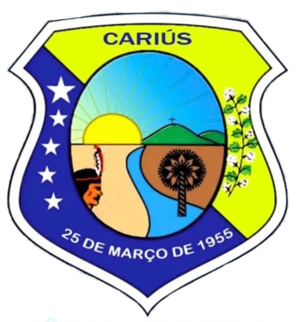 Escudo da cidade de Cariús, Ceará, Brasil, com uma paisagem de sol nascente, rio, árvore e planta, e a inscrição "Cariús" e a data "25 de março de 1955".