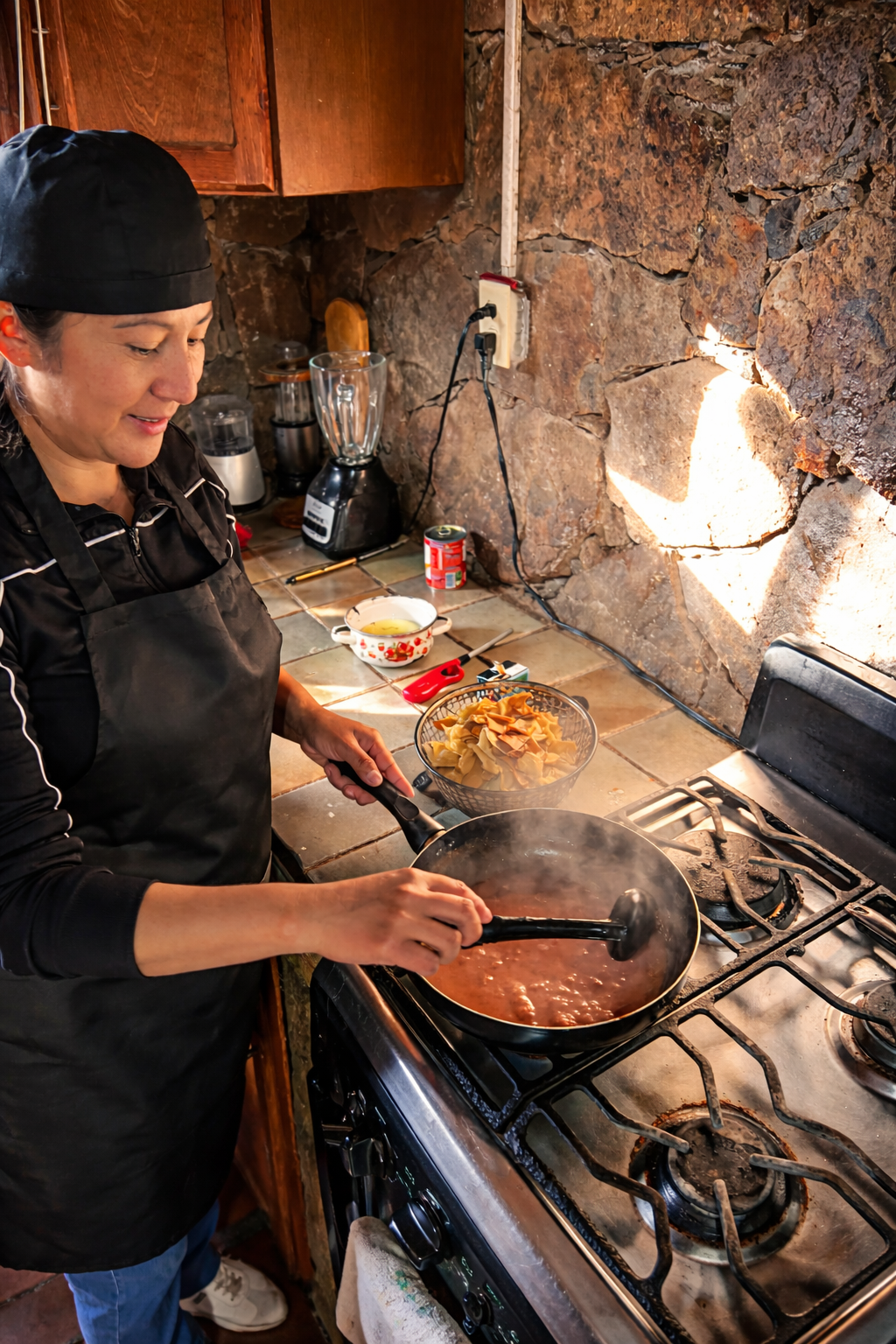 Cocinera preparando alimentos tradicionales en restaurante de la Sierra de San Francisco, Mulegé, Baja California Sur.