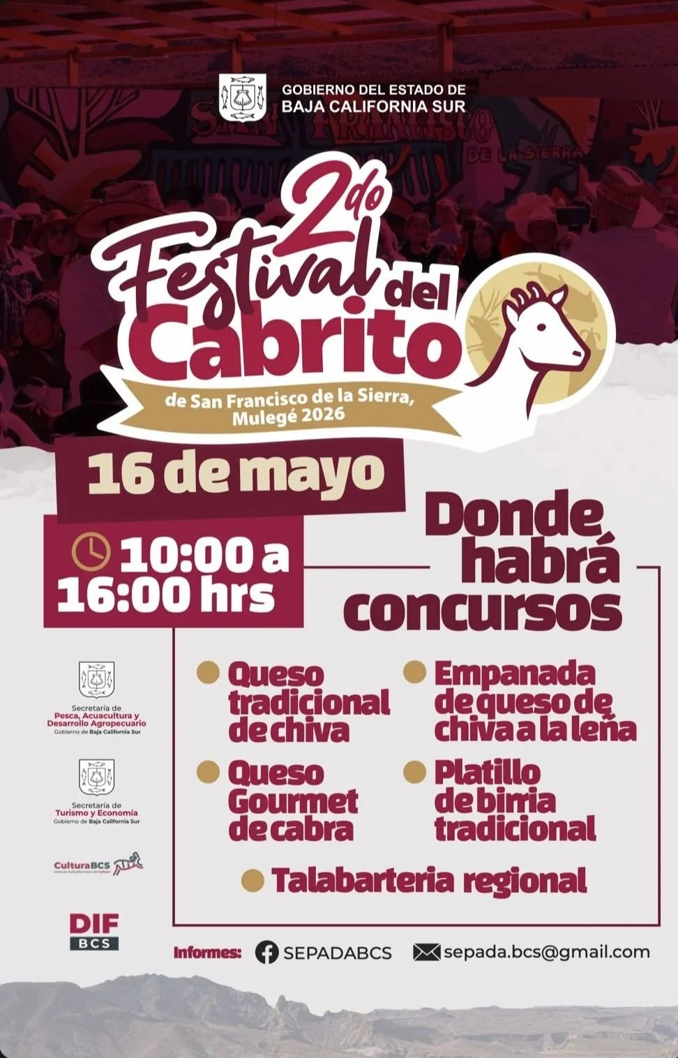 Promocional oficial del Festival del Cabrito 2026 en San Francisco de la Sierra, Mulegé, Baja California Sur.