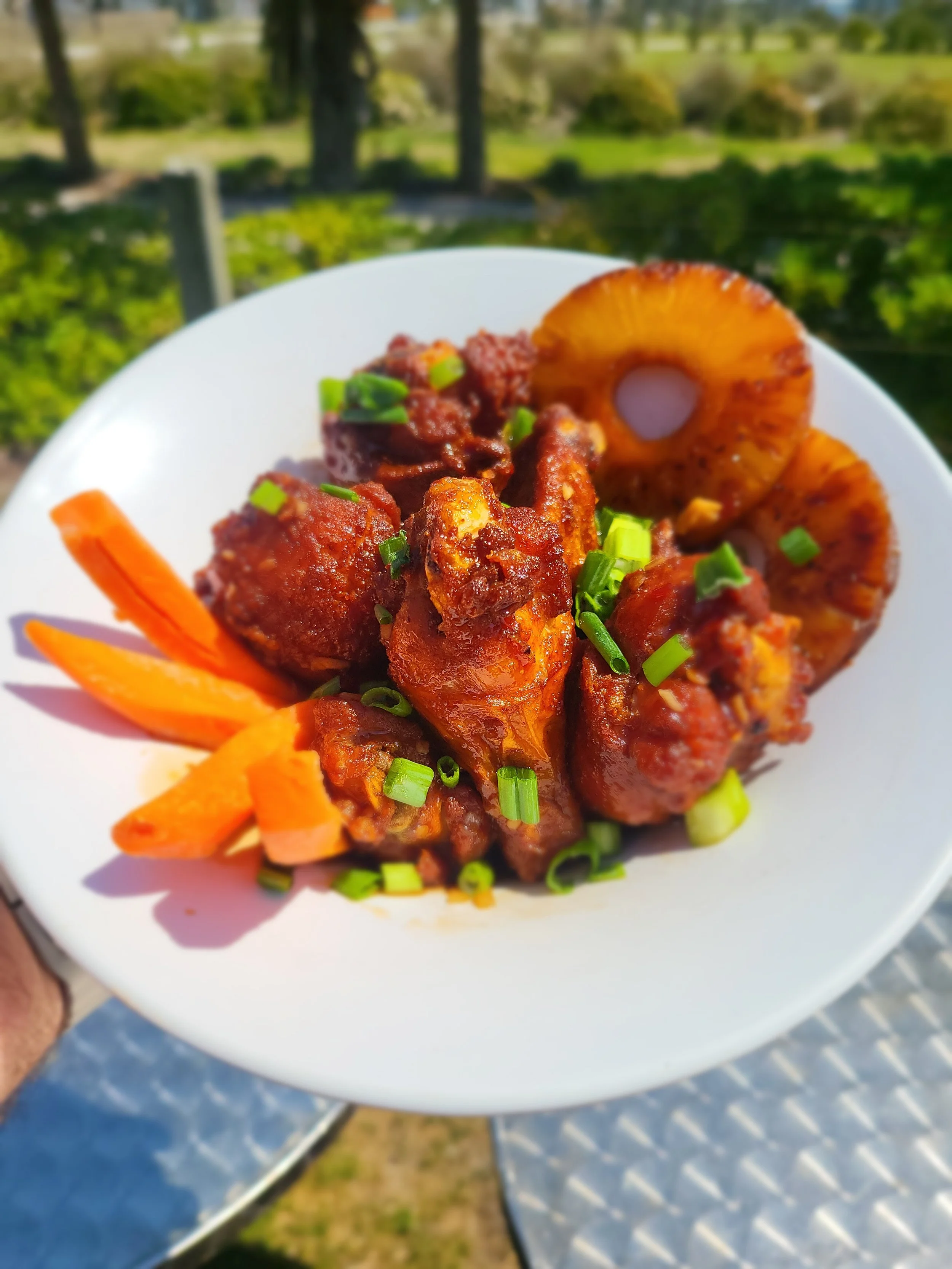 Close-up of a white plate with spicy chicken wings topped with chopped green onions, served with cooked pineapple rings and slices of carrots outdoors on a metal table with blurred trees in the background.