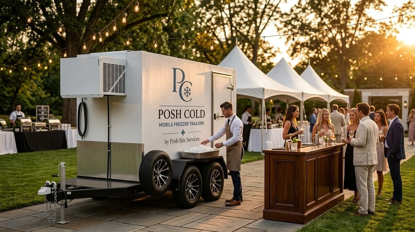 Guests at an outdoor event gathering around a mobile cold storage trailer labeled "POSH COLD" serving drinks, with a bartender in an apron preparing beverages, under string lights at sunset.