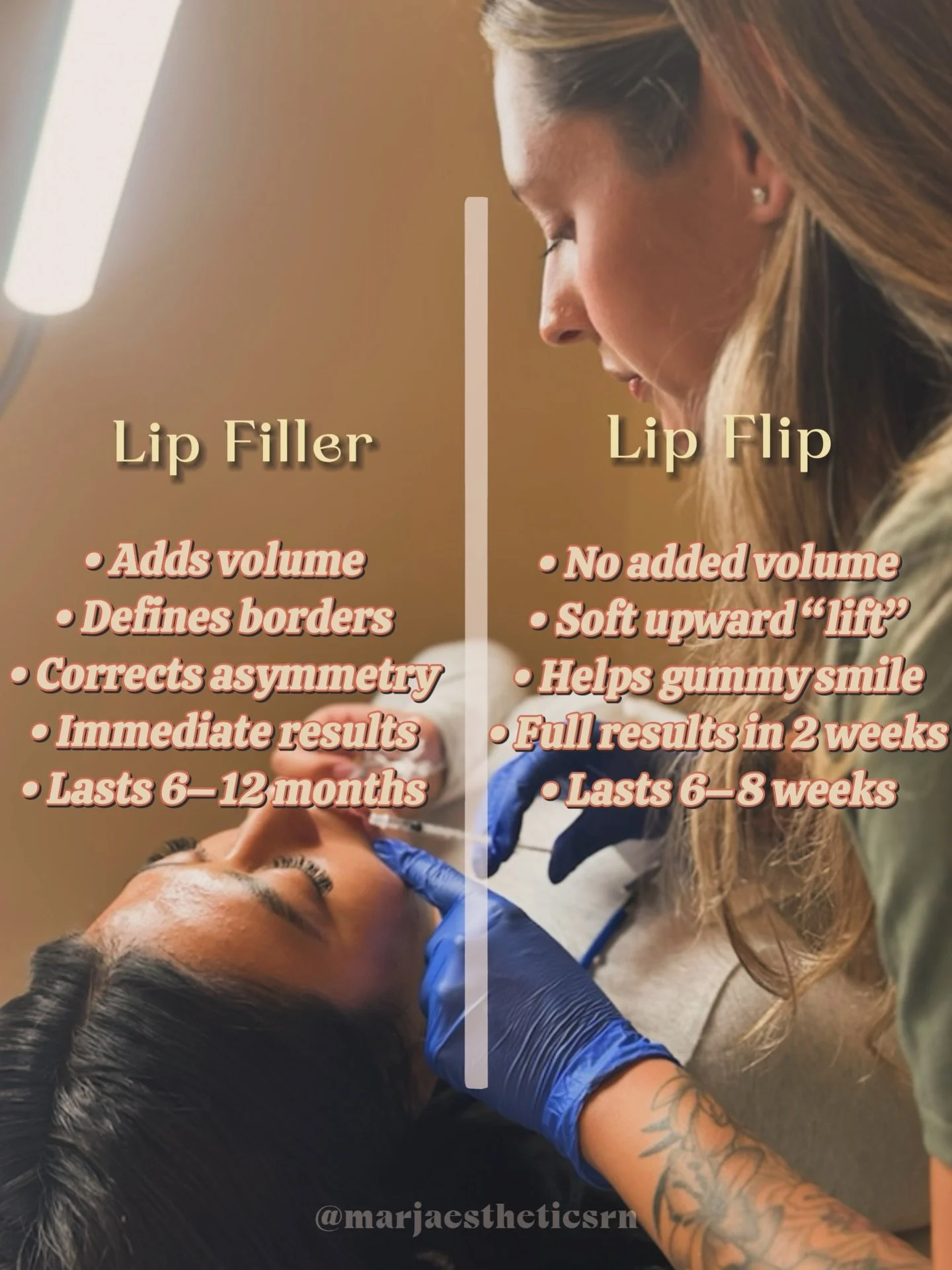 Two totally different treatments, both beautiful in their own way.

Not sure if you need a lip flip or filler?

Here&rsquo;s a quick guide to help you choose 💋

Your lips, your goals&mdash;let&rsquo;s customize your treatment!

DM or link in bio to 