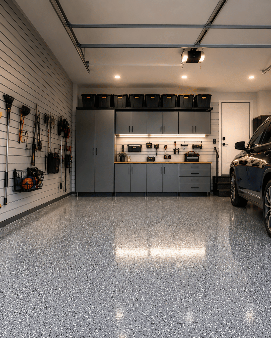 A modern garage with a reflective epoxy floor, gray cabinets, and organized tools on a slatwall panel.