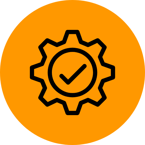 An orange circular icon with a black gear symbol and a check mark inside the gear.