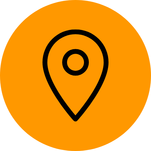 Orange circular icon with a black location pin symbol in the center.