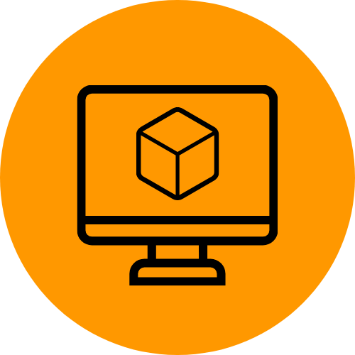 Icon of a computer monitor with a cube inside the screen, set against an orange circular background.