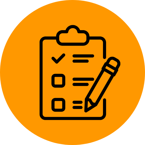 Icon of a clipboard with a checklist and a pencil on an orange circular background.