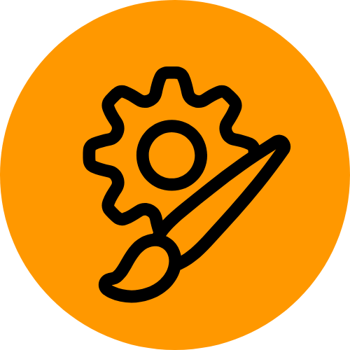 Icon of a gear with a paintbrush in front of it, on an orange circular background.