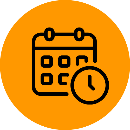 Calendar and clock icon on an orange background.