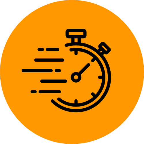 An orange circular icon with a black stopwatch indicating speed, showing motion lines to suggest quickness or urgency.