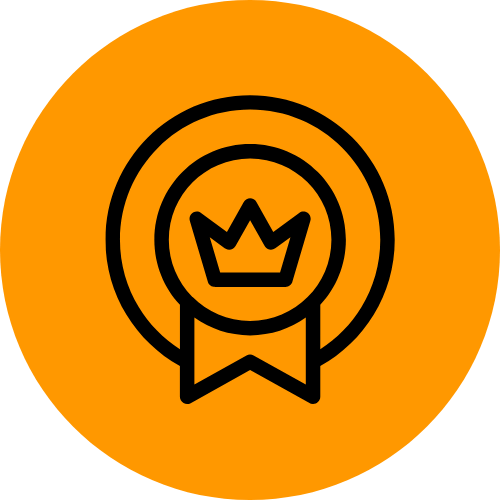 Orange circle background with a black medal icon featuring a crown in the center.