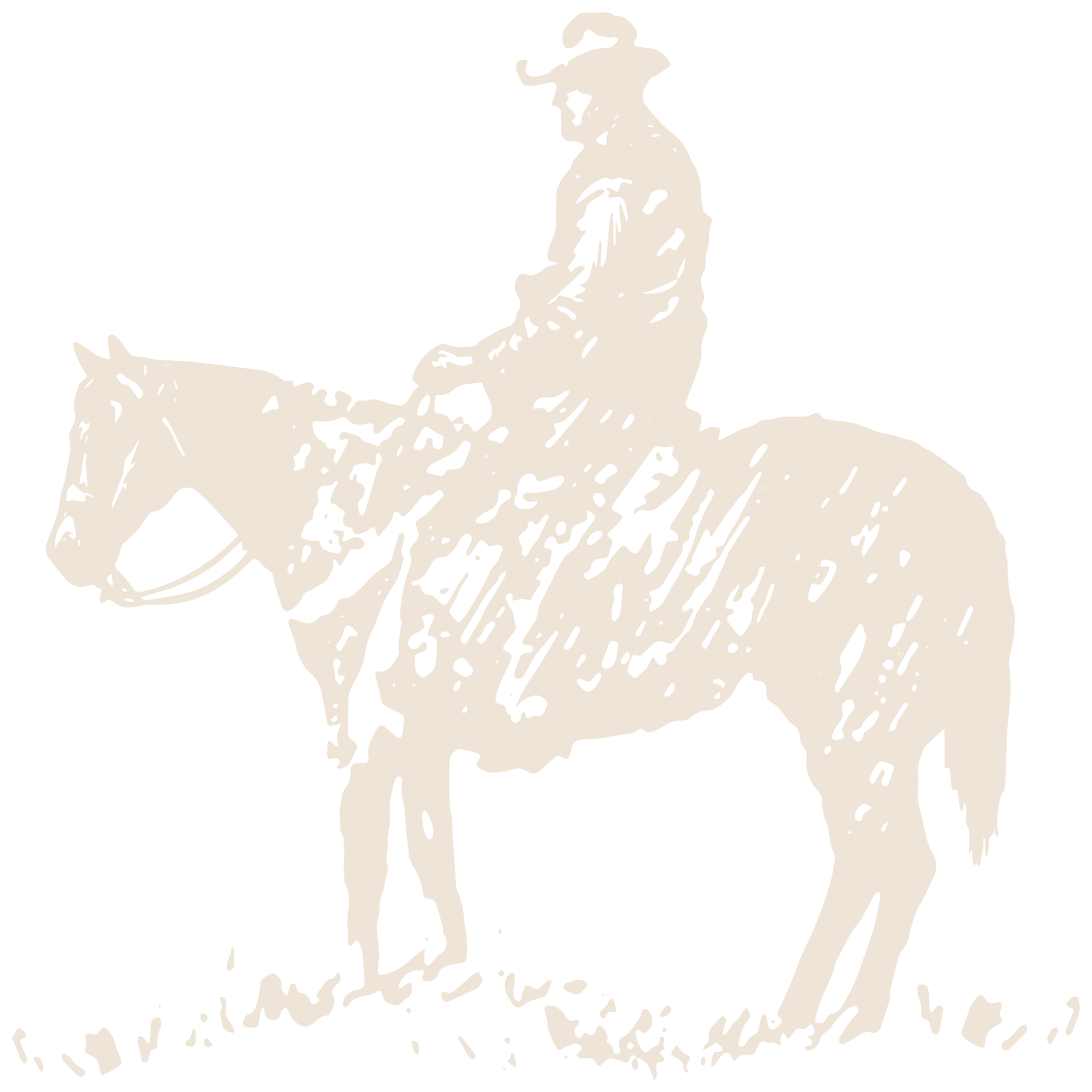 Silhouette of a person riding a horse with a cowboy hat on, depicted in a sketch style.