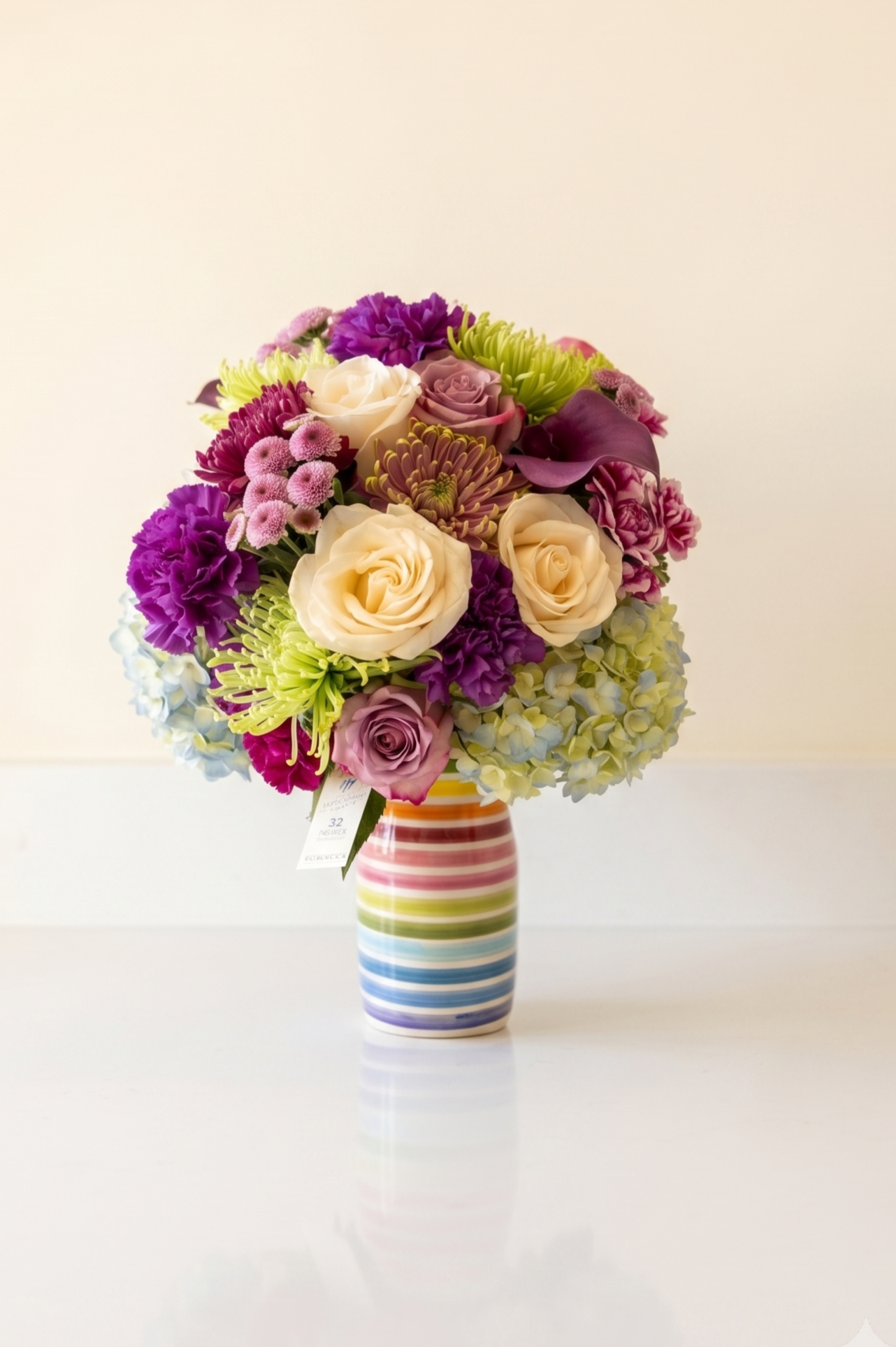 Hydrangea mums purple roses olive oil bouquet