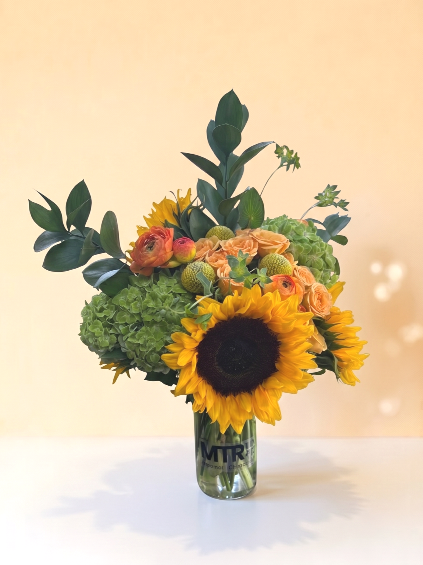 Sunflowers Personalized Vase Grand Opening Orange Roses Green Hydrangea