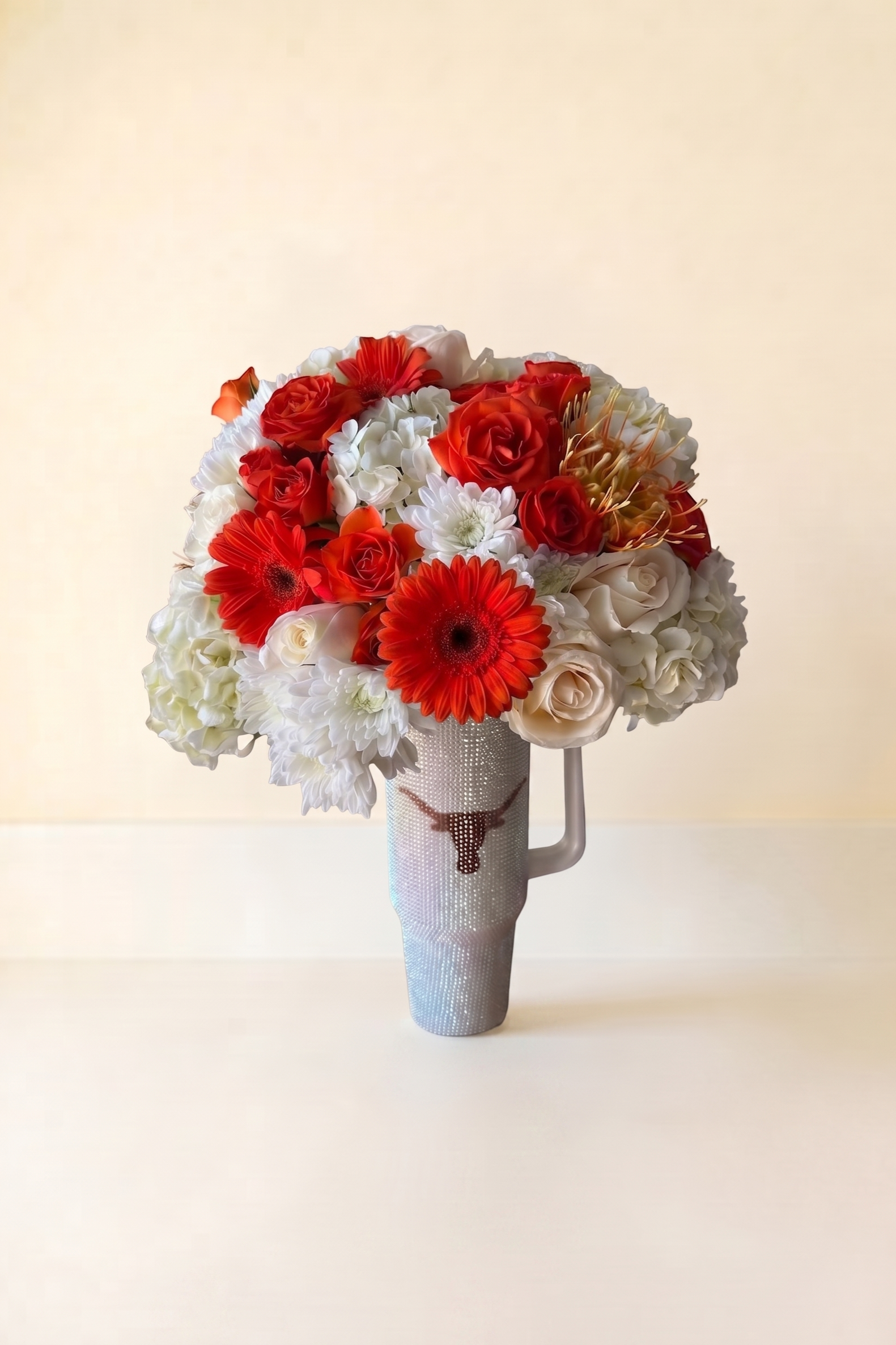texas longhorns bed deck hookem orange and white roses hydrangea