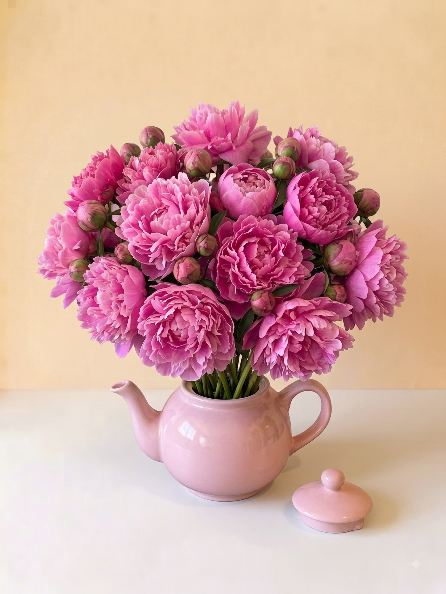Flowers in teapot vase Pink Peonies