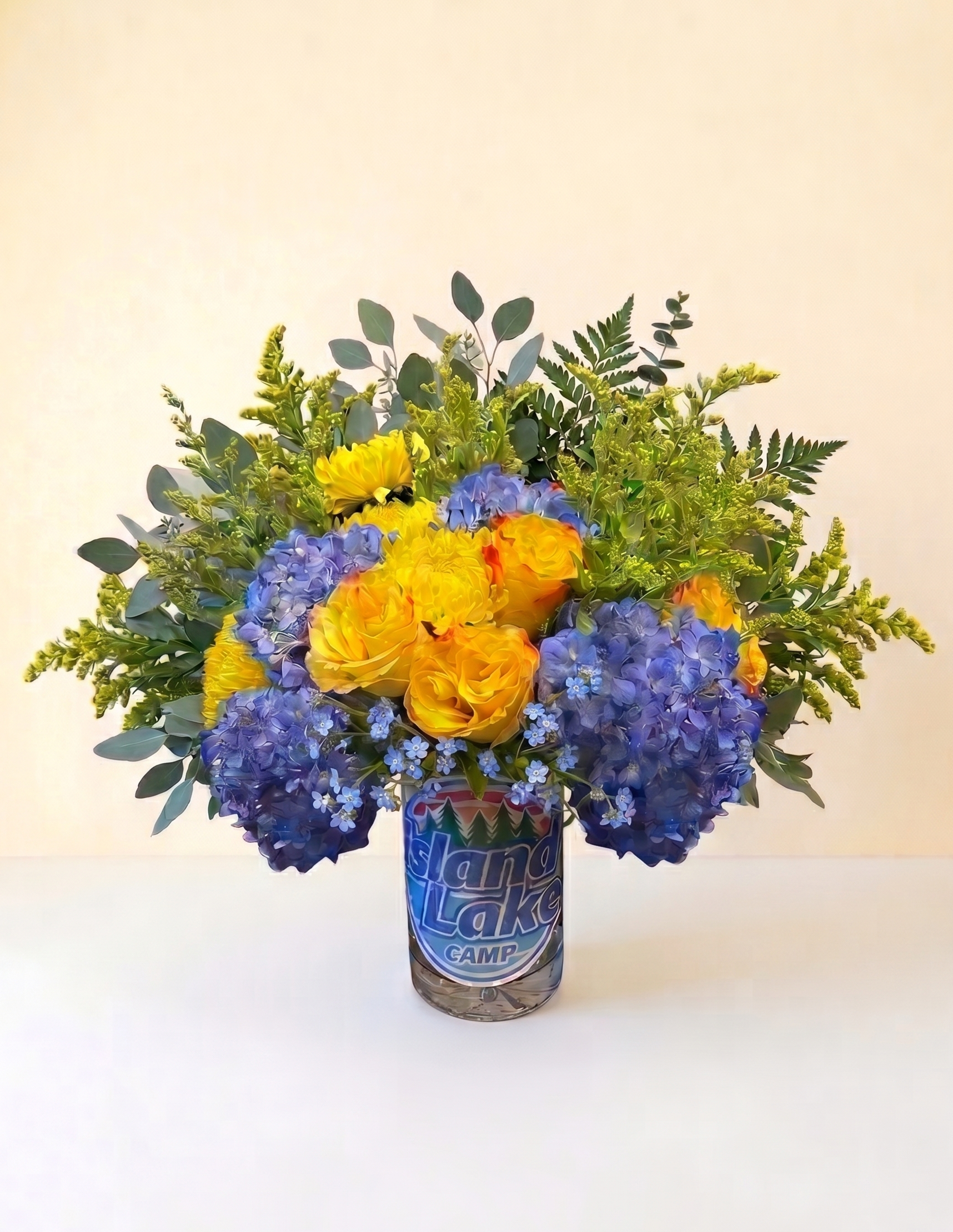 Island Lake Camp Personalized Vase Sleepaway Camp Hydrangea yellow roses Personalized gift
