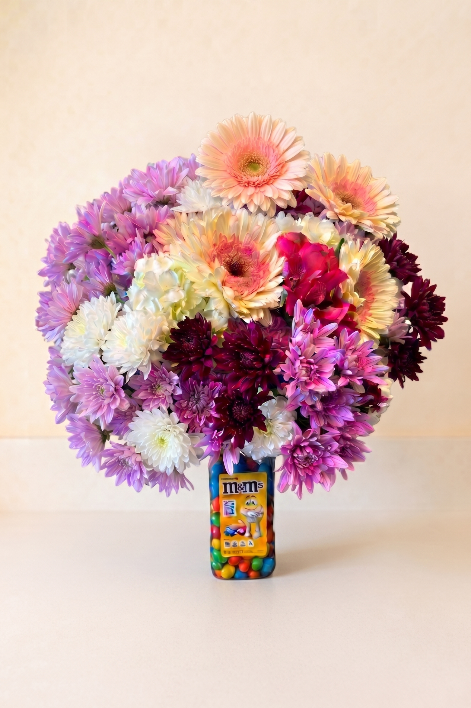 M&Ms Gerber Daisies Mums Candy Bouquet