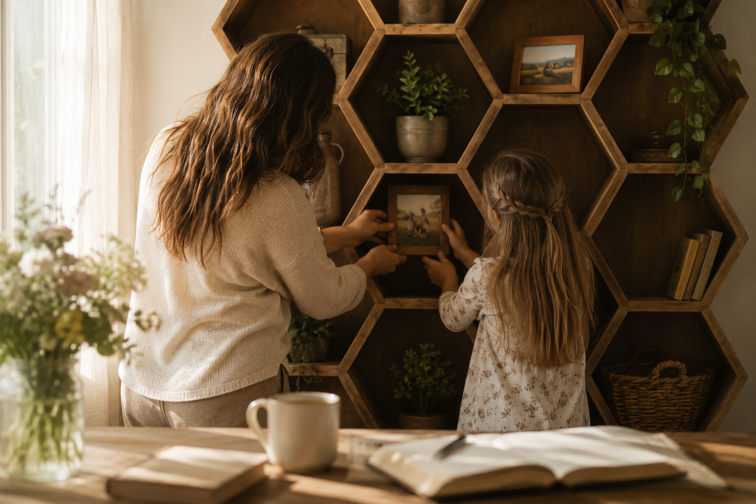 mom and daughter putting up a keepsake together