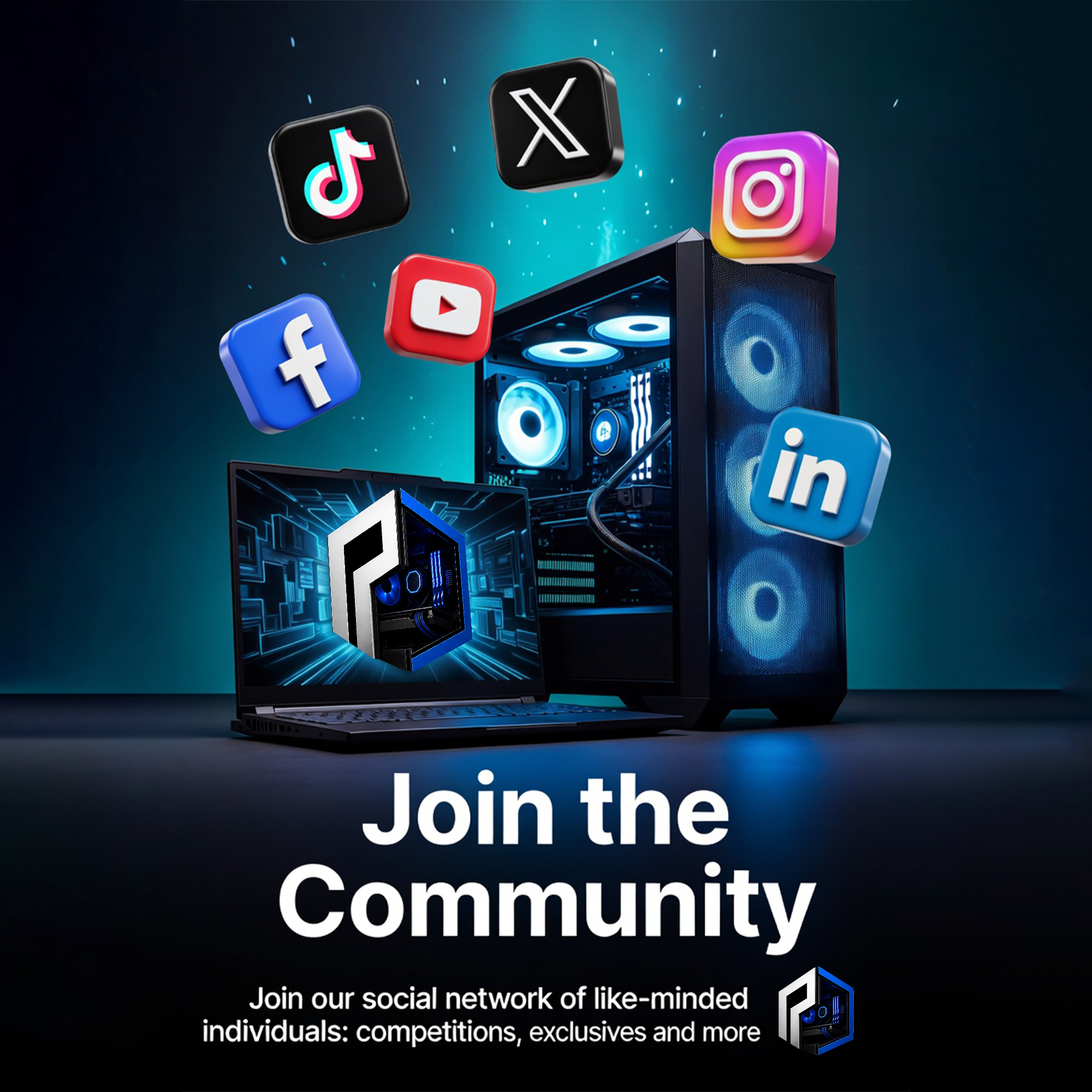 Digital graphic promoting joining a social network for like-minded individuals with icons of TikTok, Facebook, YouTube, Instagram, LinkedIn, and a stylized cube, with large white text saying "Join the community" and smaller text explaining the purpose.