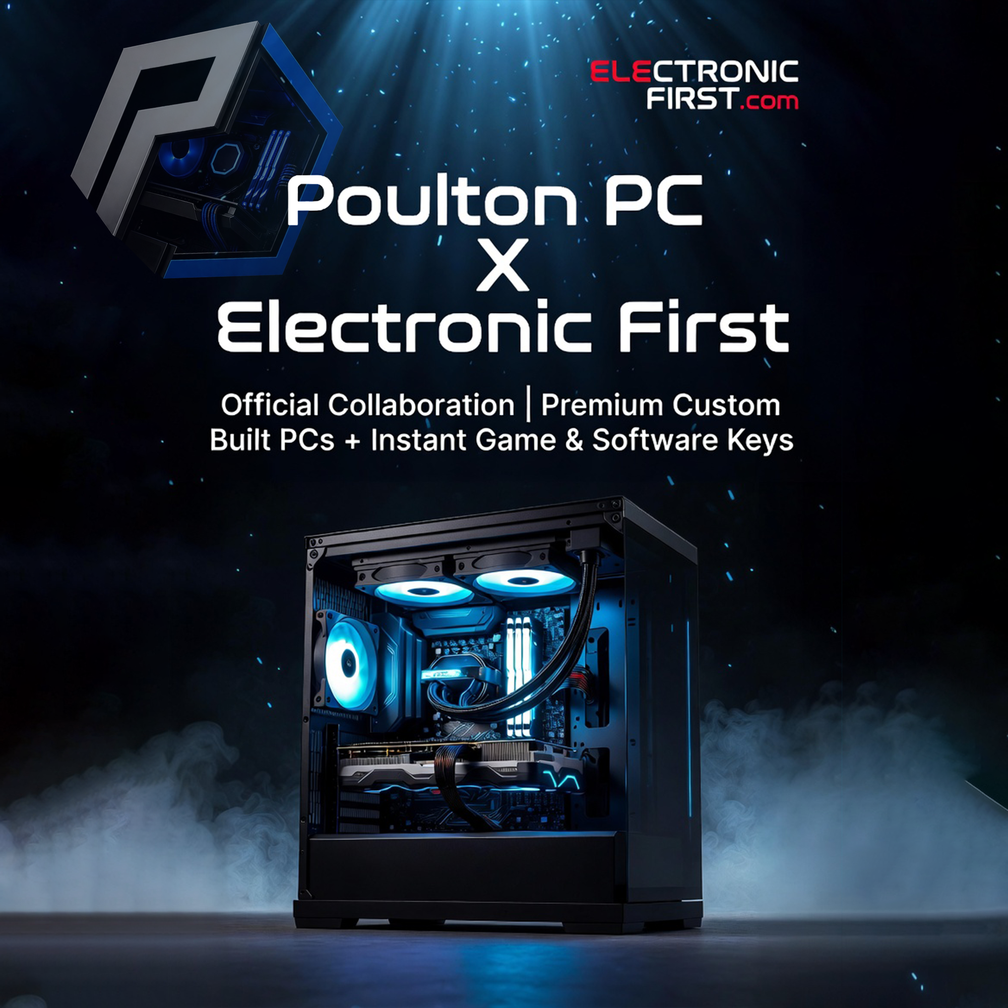 A custom-built gaming PC with illuminated cooling fans, installed inside a black case, with blue LED lighting, and branded with the Poulton PC logo. The background features a dark space-like setting with blue particles and smoky effects.