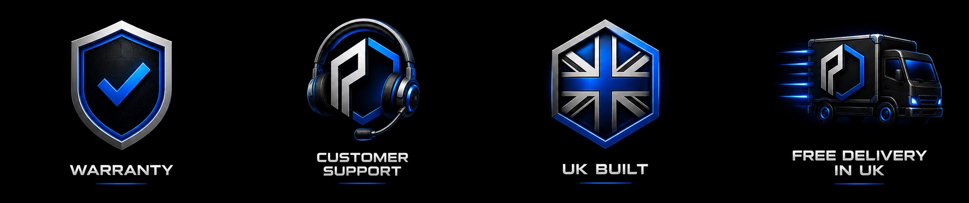 Four icons with text: a shield with a check mark for warranty, a headset with a microphone for customer support, a UK flag for UK built, and a delivery truck for free delivery in the UK.