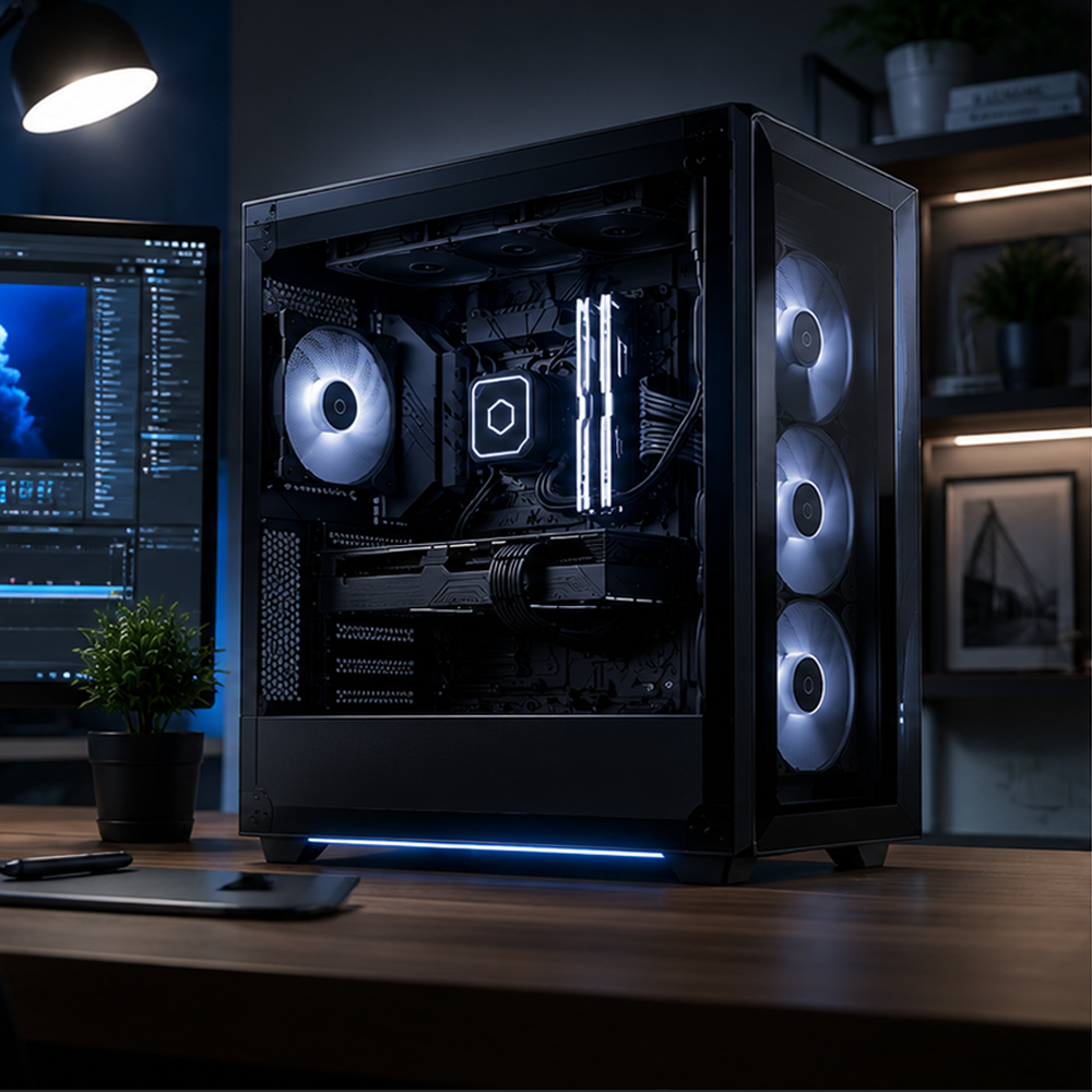 A black gaming computer tower with LED-lit fans inside, placed on a wooden desk in a modern room with computer monitor, plants, and shelves.