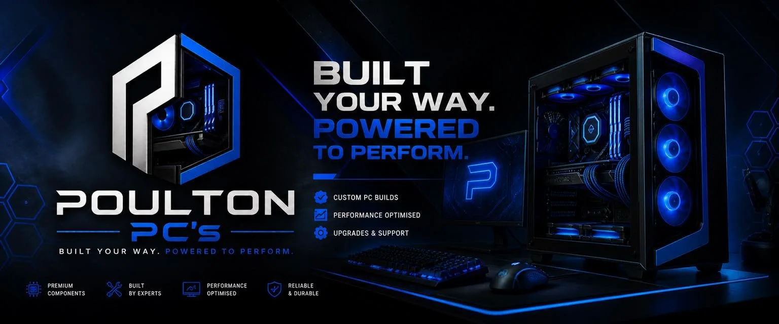 A promotional image for Poulton PC, showcasing a custom gaming computer with blue lighting and a keyboard and mouse. The text highlights features like custom builds, performance optimization, and upgrades.