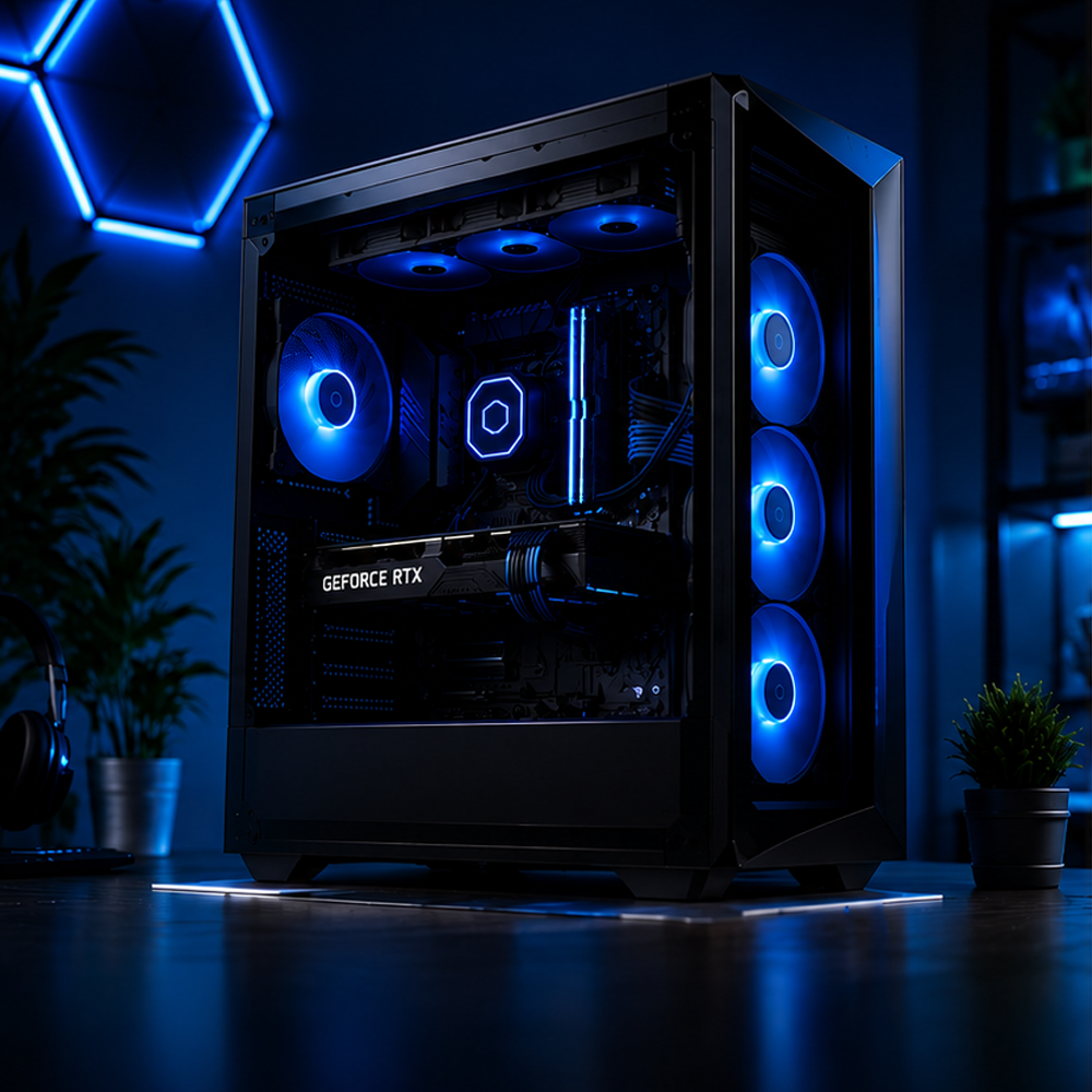 A gaming computer with a transparent side panel showing internal components illuminated with blue LED lights, including fans, CPU, and GPU.