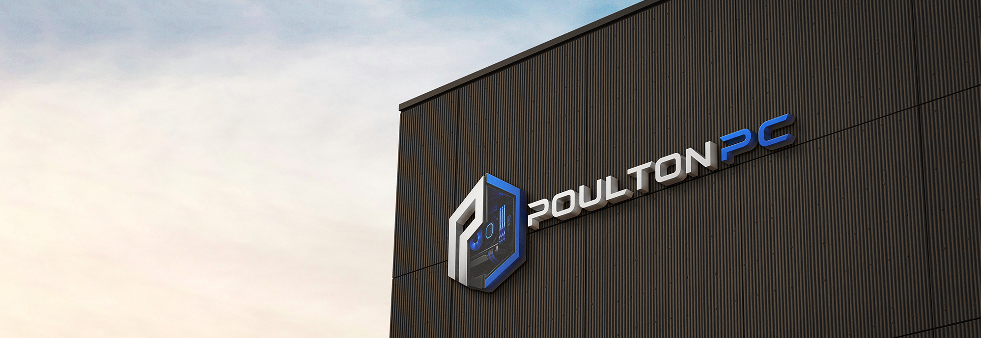 Photo of a building with a sign that reads "POULTON PC" and an emblem, under a cloudy sky.
