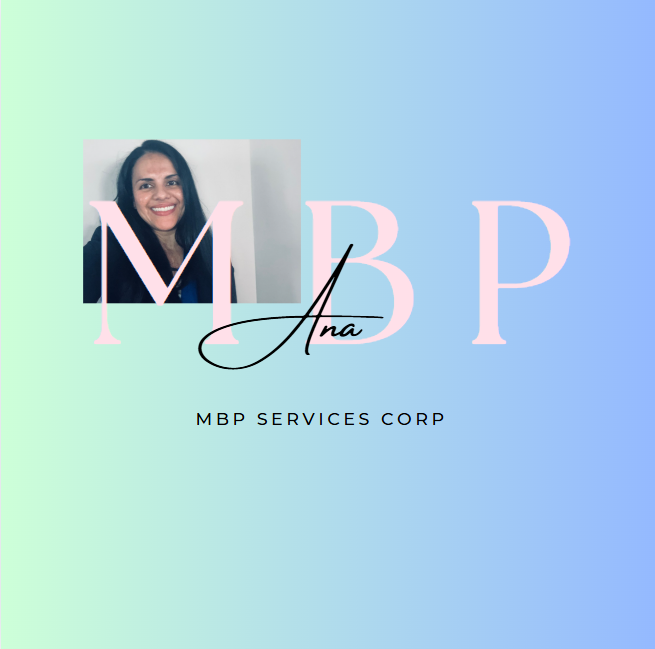 Design for MBP Services Corp featuring a woman's photo, large pink initials 'M', 'B', and 'P', and the name 'Ana' in elegant black script, with a gradient blue and green background.