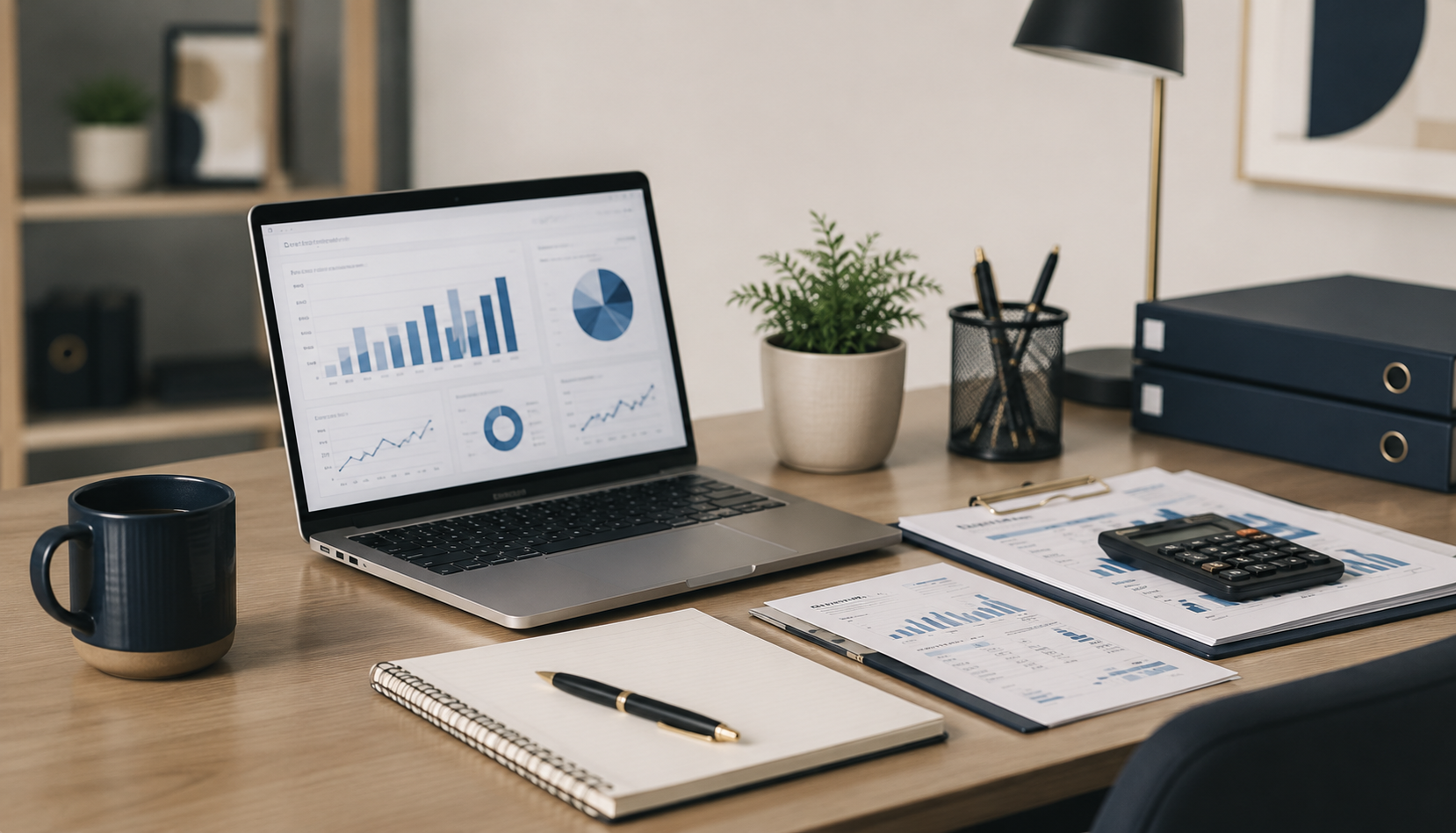Office desk with a laptop displaying business charts and graphs, a black coffee mug, a notebook with a pen, documents with charts, a calculator, a potted plant, black binders, and a blue desk lamp.